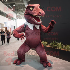 Maroon Allosaurus mascot costume character dressed with a Shift Dress and Suspenders