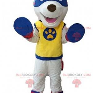 Mascote cachorro branco com roupa de super-herói -