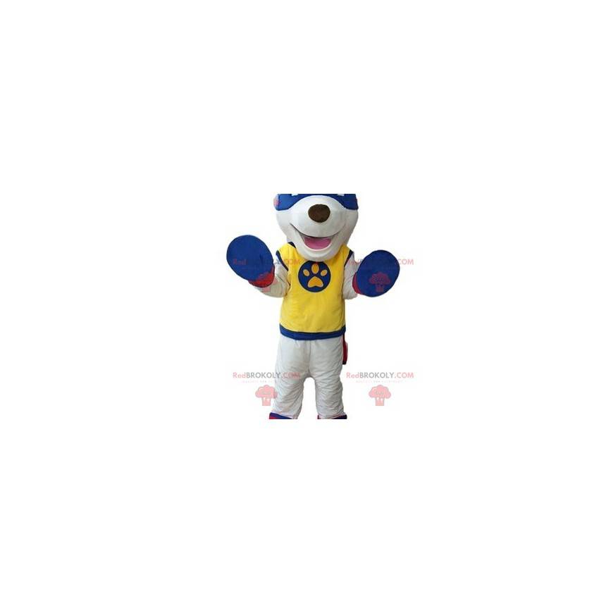 Mascote cachorro branco com roupa de super-herói -