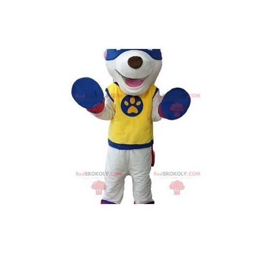 Mascote cachorro branco com roupa de super-herói -