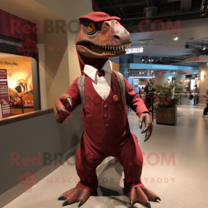 Maroon Allosaurus mascot costume character dressed with a Shift Dress and Suspenders