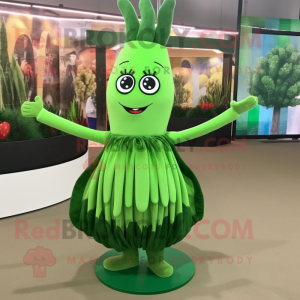 Forest Green Asparagus mascot costume character dressed with a Circle Skirt and Hairpins