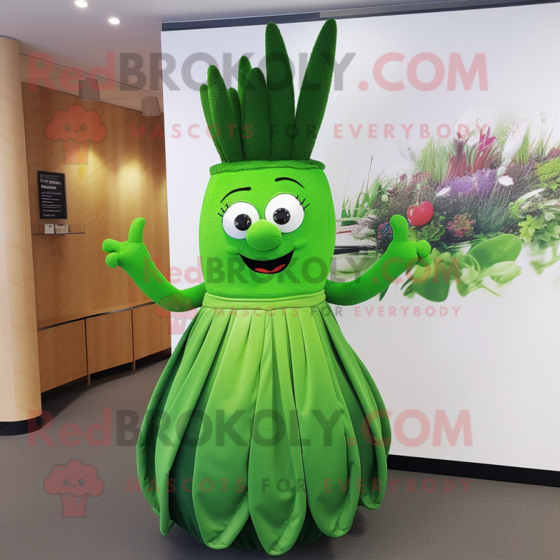 Forest Green Asparagus mascot costume character dressed with a Circle Skirt and Hairpins