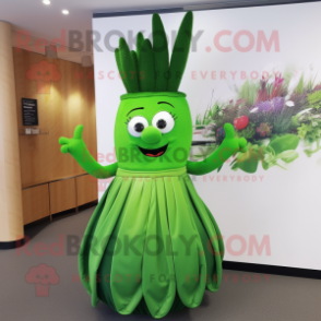 Forest Green Asparagus mascot costume character dressed with a Circle Skirt and Hairpins