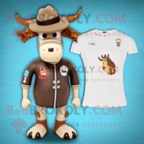 Tan Jersey Cow mascot costume character dressed with a One-Piece Swimsuit and Hat pins