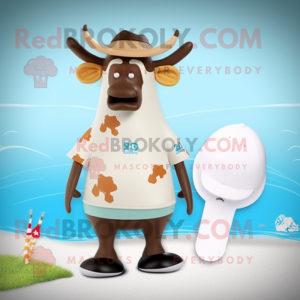 Tan Jersey Cow mascot costume character dressed with a One-Piece Swimsuit and Hat pins