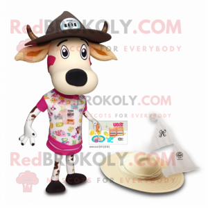 Tan Jersey Cow mascot costume character dressed with a One-Piece Swimsuit and Hat pins
