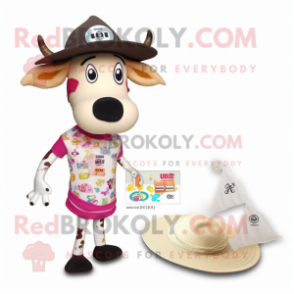 Tan Jersey Cow mascot costume character dressed with a One-Piece Swimsuit and Hat pins