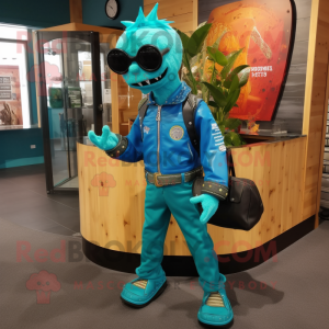 Turquoise Stilt Walker mascot costume character dressed with a Leather Jacket and Tote bags