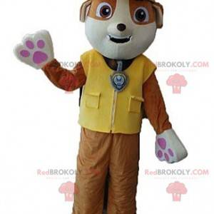 Mascote cachorro marrom e branco com colete amarelo -