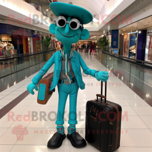 Turquoise Stilt Walker mascot costume character dressed with a Leather Jacket and Tote bags