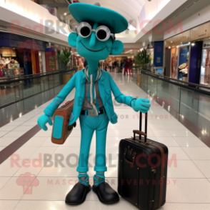 Turquoise Stilt Walker mascot costume character dressed with a Leather Jacket and Tote bags