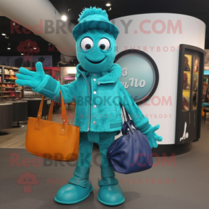 Turquoise Stilt Walker mascot costume character dressed with a Leather Jacket and Tote bags