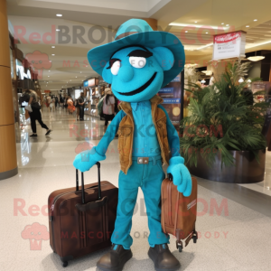 Turquoise Stilt Walker mascot costume character dressed with a Leather Jacket and Tote bags