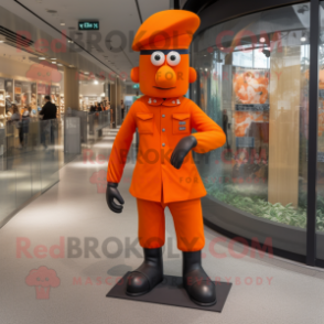 Orange Soldier mascot costume character dressed with a Skinny Jeans and Cummerbunds