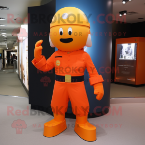 Orange Soldier mascot costume character dressed with a Skinny Jeans and Cummerbunds