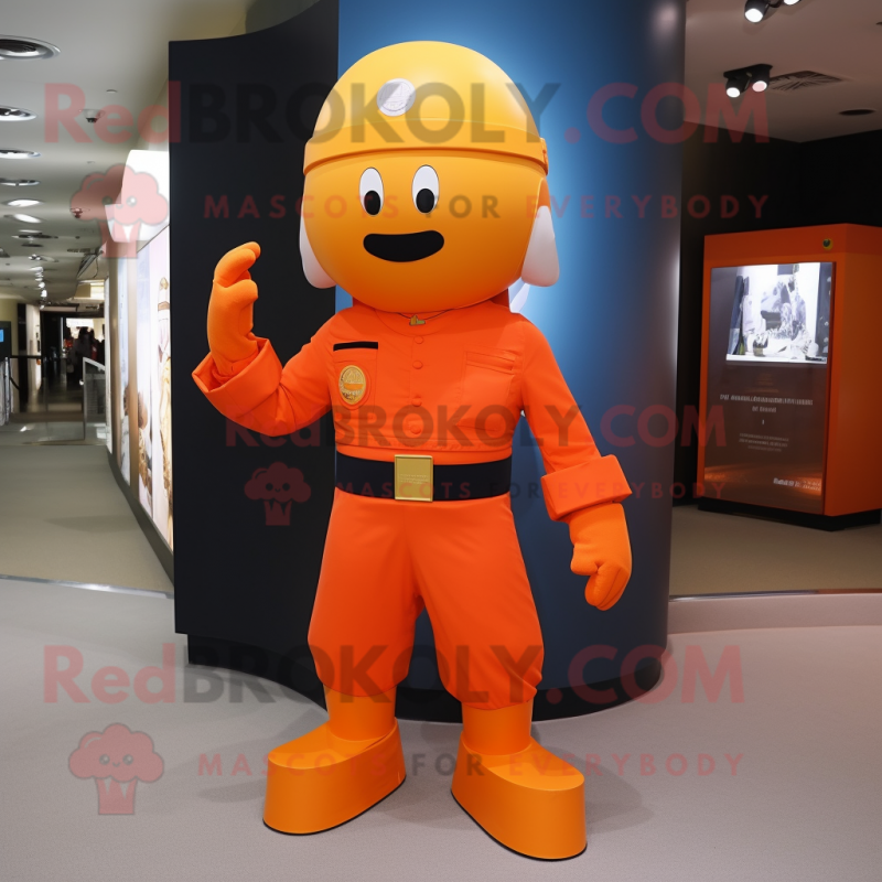 Orange Soldier mascot costume character dressed with a Skinny Jeans and Cummerbunds