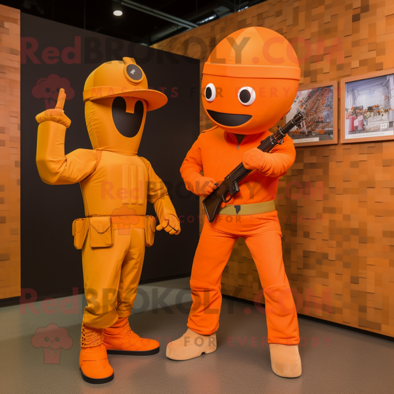 Orange Soldier mascot costume character dressed with a Skinny Jeans and Cummerbunds