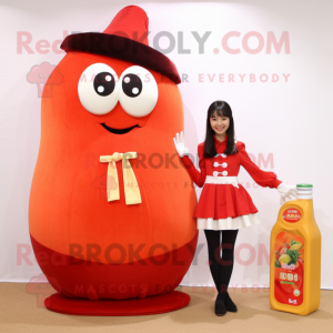 Peach Bottle Of Ketchup mascot costume character dressed with a A-Line Skirt and Wallets