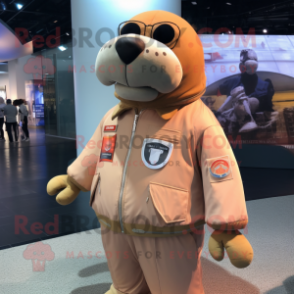 Peach Walrus mascot costume character dressed with a Bomber Jacket and Keychains