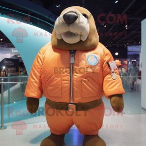 Peach Walrus mascot costume character dressed with a Bomber Jacket and Keychains
