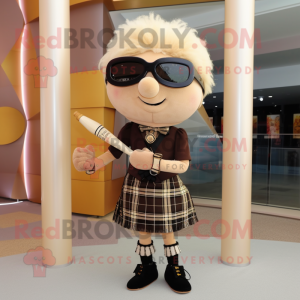 Tan Bagpipe mascot costume character dressed with a Pencil Skirt and Sunglasses