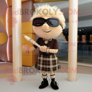 Tan Bagpipe mascot costume character dressed with a Pencil Skirt and Sunglasses