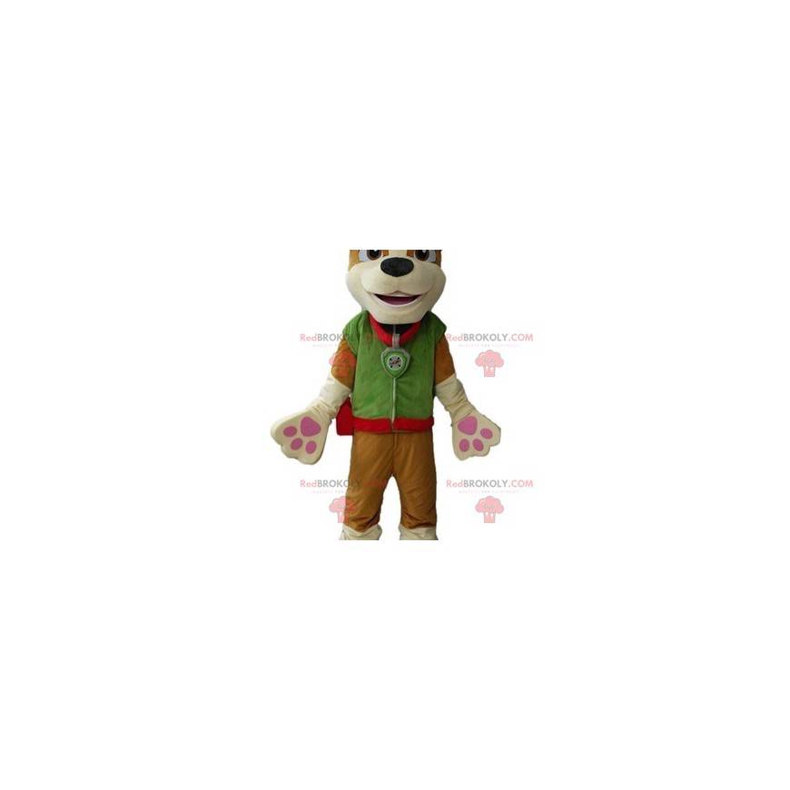 Brązowy pies maskotka ubrany w zielony strój - Redbrokoly.com