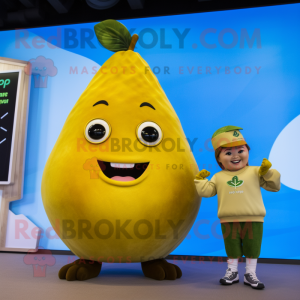Gold Pear mascot costume character dressed with a Playsuit and Smartwatches