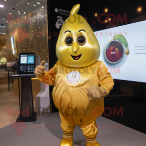 Gold Pear mascot costume character dressed with a Playsuit and Smartwatches