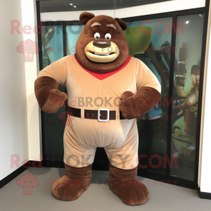 Brown Strongman mascot costume character dressed with a Corduroy Pants and Belts