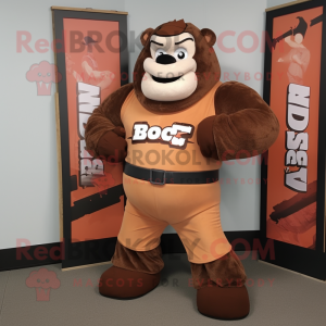 Brown Strongman mascot costume character dressed with a Corduroy Pants and Belts