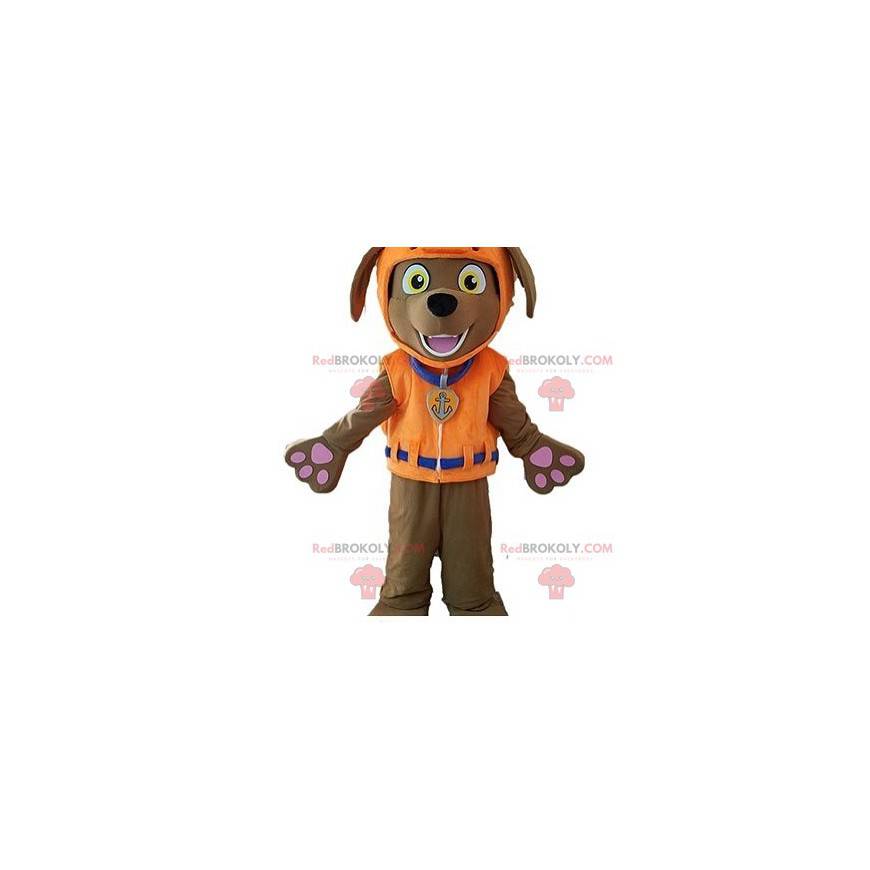 Mascotte de chien marron avec un gilet de sauvetage -