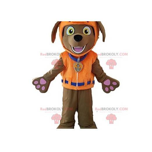 Mascotte de chien marron avec un gilet de sauvetage -