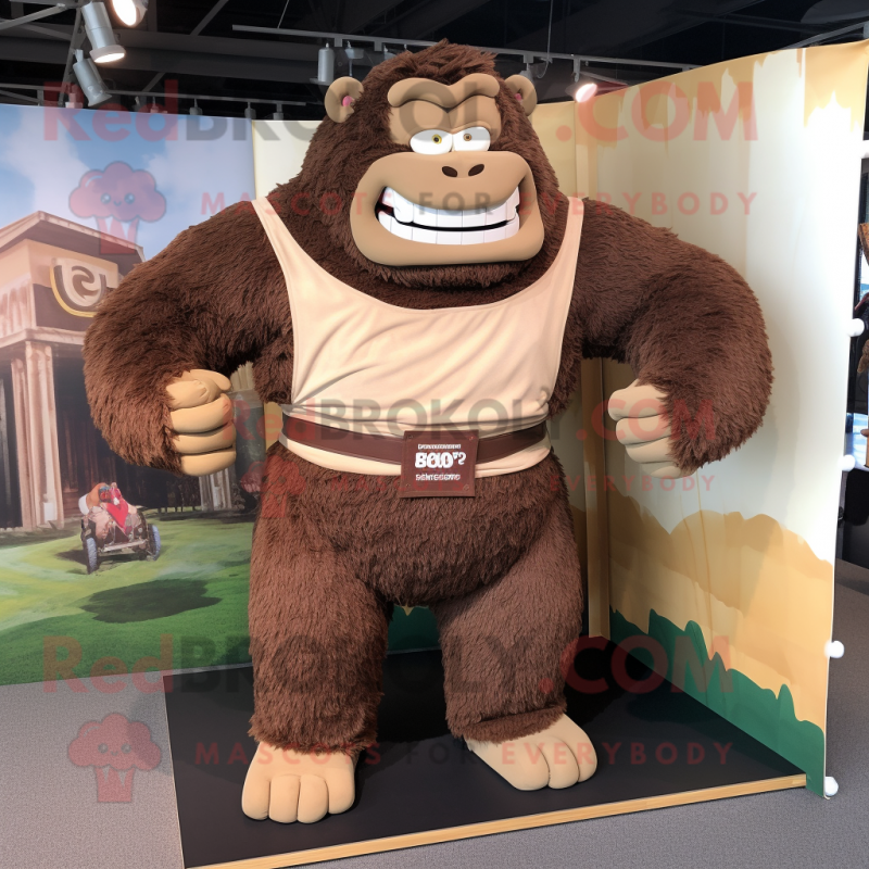 Brown Strongman mascot costume character dressed with a Corduroy Pants and Belts