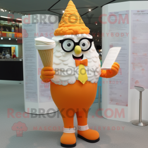 Orange Ice Cream Cone mascot costume character dressed with a Poplin Shirt and Reading glasses
