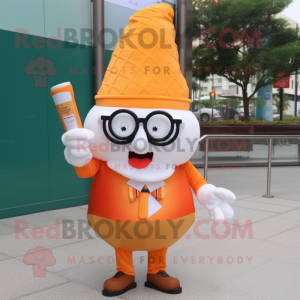 Orange Ice Cream Cone mascot costume character dressed with a Poplin Shirt and Reading glasses