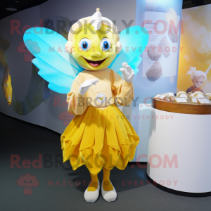 Yellow Tooth Fairy mascot costume character dressed with a Blouse and Coin purses