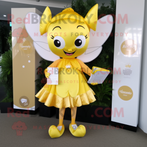Yellow Tooth Fairy mascot costume character dressed with a Blouse and Coin purses