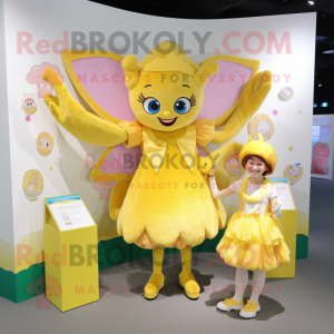 Yellow Tooth Fairy mascot costume character dressed with a Blouse and Coin purses