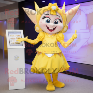 Yellow Tooth Fairy mascot costume character dressed with a Blouse and Coin purses