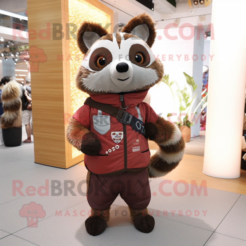 Rust Raccoon mascot costume character dressed with a Romper and Scarves