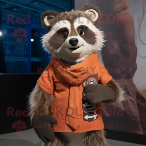 Rust Raccoon mascot costume character dressed with a Romper and Scarves