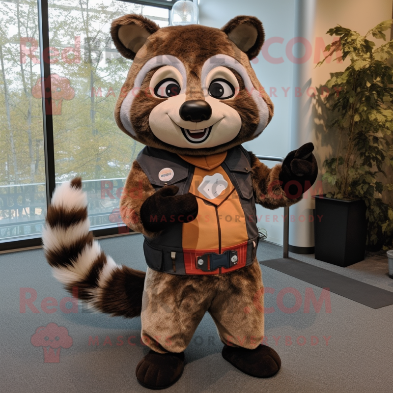Rust Raccoon mascot costume character dressed with a Romper and Scarves Rust Raccoon mascot costume character dressed with a Romper and Scarves