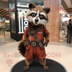 Rust Raccoon mascot costume character dressed with a Romper and Scarves