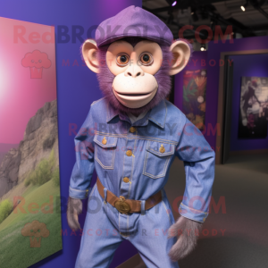 Purple Capuchin Monkey mascot costume character dressed with a Denim Shirt and Earrings