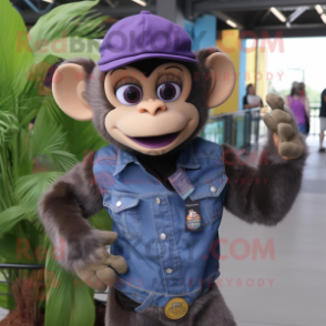 Purple Capuchin Monkey mascot costume character dressed with a Denim Shirt and Earrings