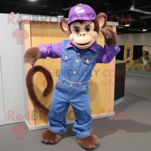 Purple Capuchin Monkey mascot costume character dressed with a Denim Shirt and Earrings