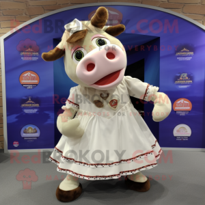 Cream Hereford Cow mascot costume character dressed with a Mini Skirt and Coin purses
