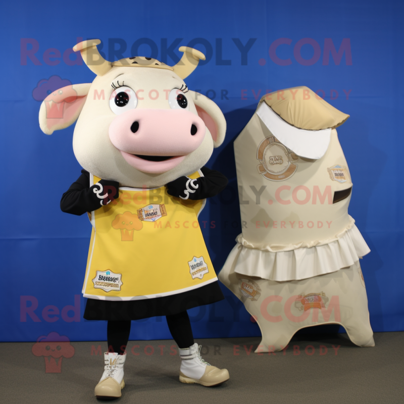 Cream Hereford Cow mascot costume character dressed with a Mini Skirt and Coin purses